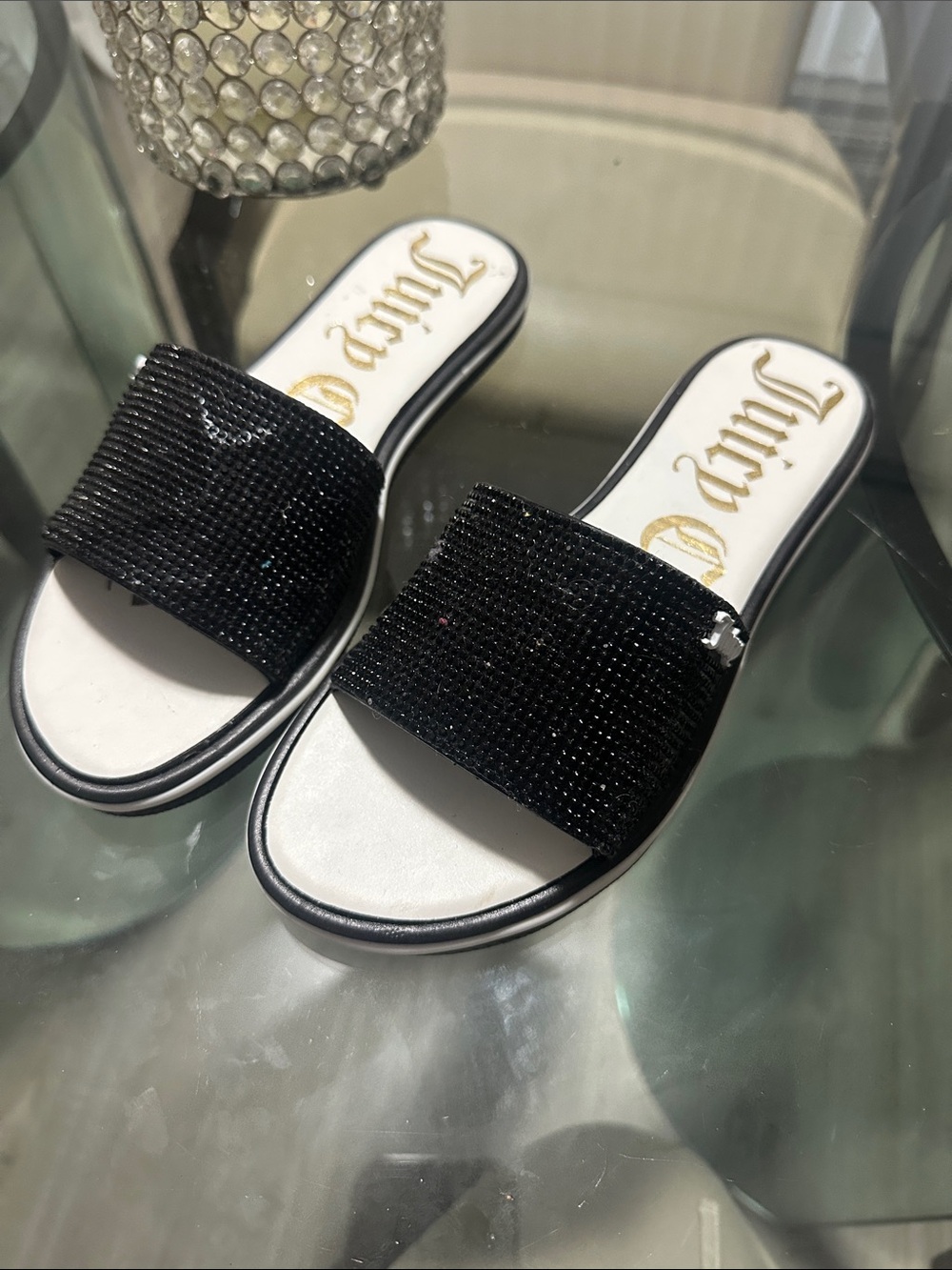Juicy Couture Black Crystal-Embellished Slide Mules